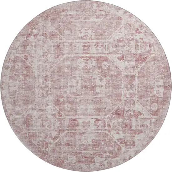 8' Pink And Ivory Round Tribal Washable Indoor Outdoor Area Rug Photo 2