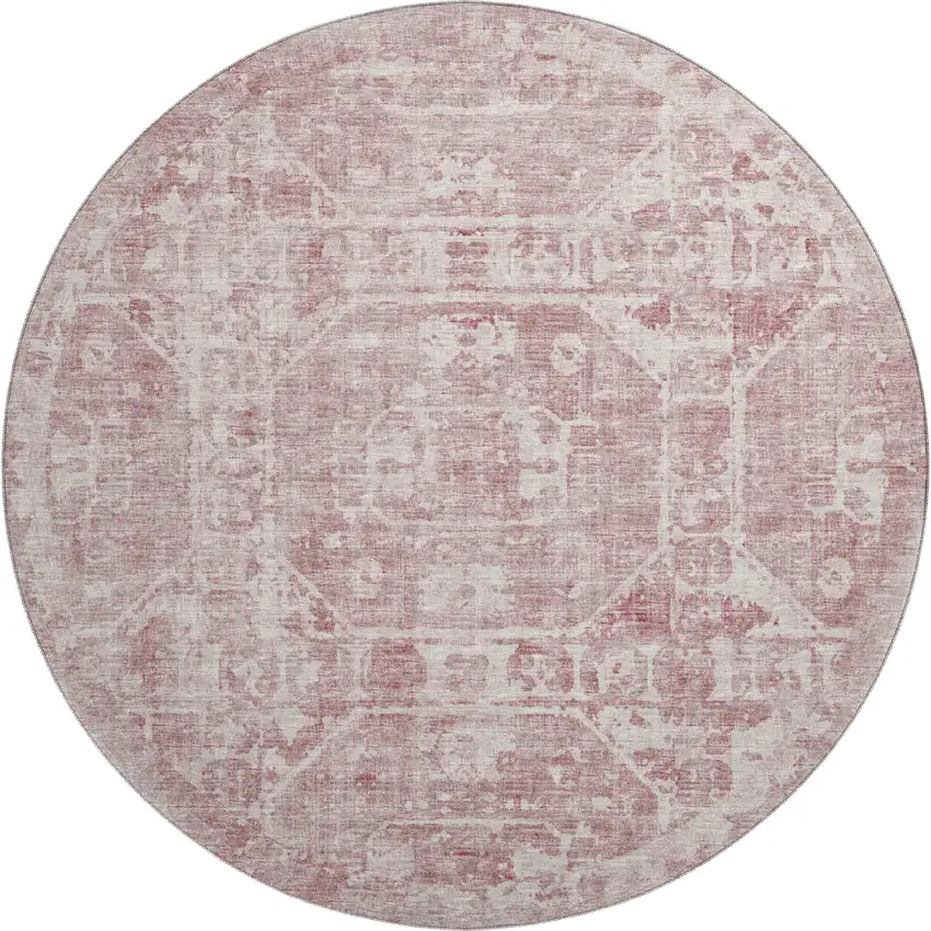 8' Pink And Ivory Round Tribal Washable Indoor Outdoor Area Rug Photo 2
