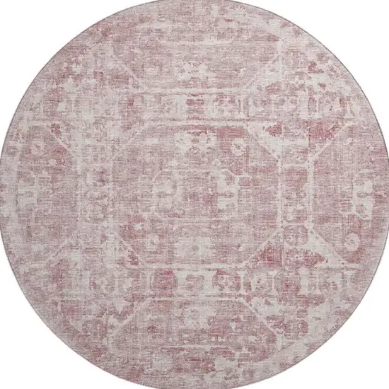 8' Pink And Ivory Round Tribal Washable Indoor Outdoor Area Rug Photo 4