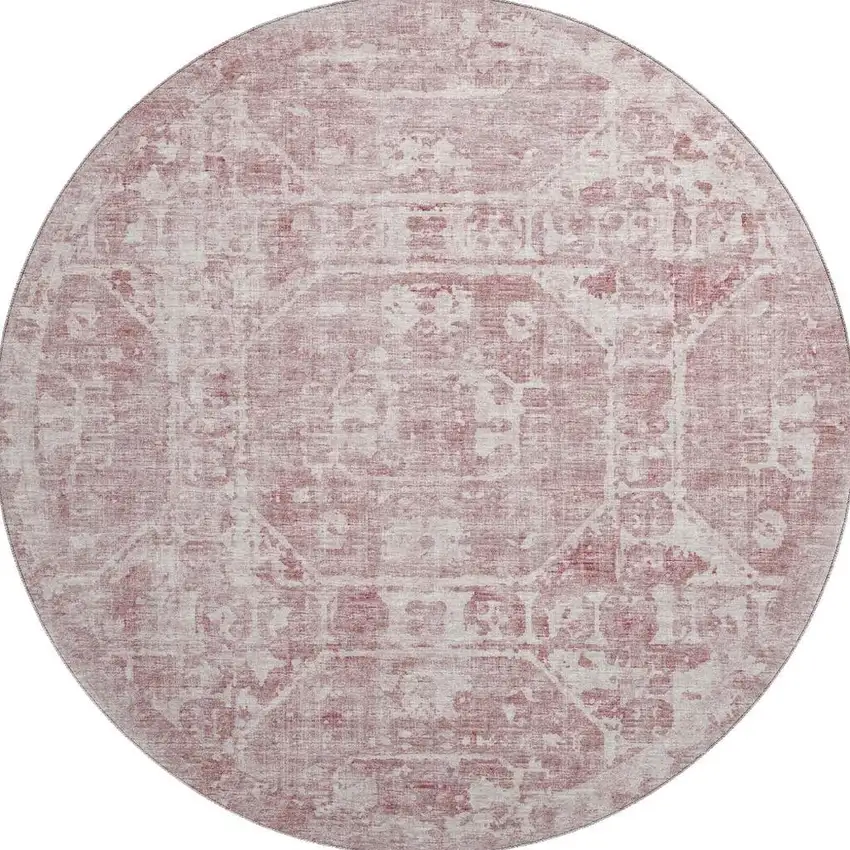 8' Pink And Ivory Round Tribal Washable Indoor Outdoor Area Rug Photo 4