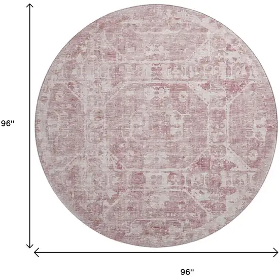 8' Pink And Ivory Round Tribal Washable Indoor Outdoor Area Rug Photo 3