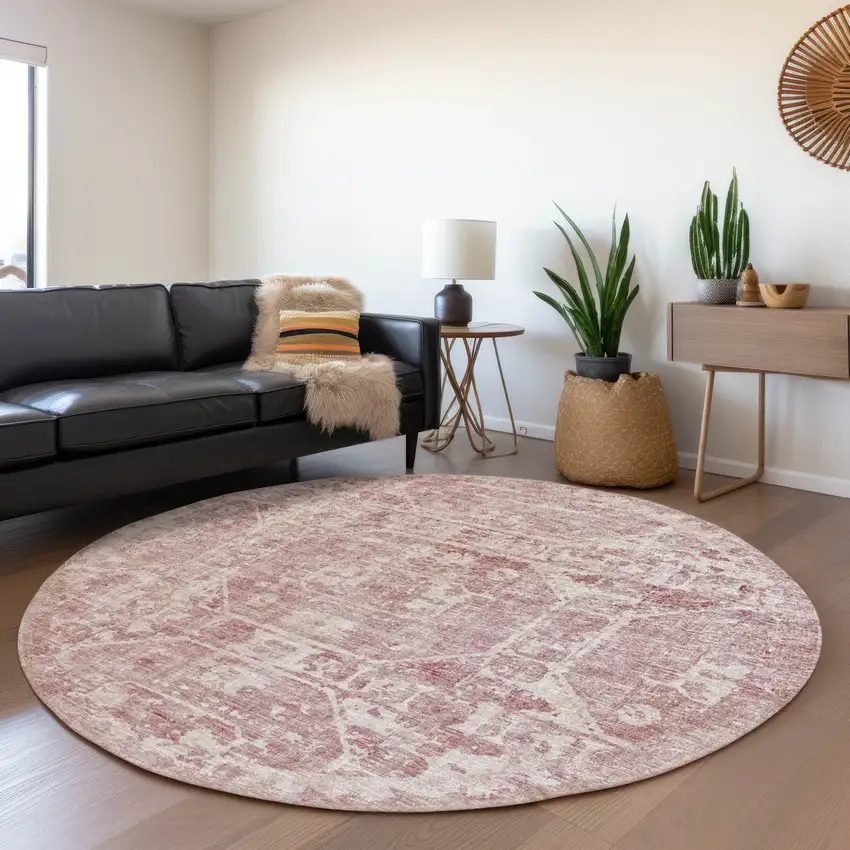 8' Pink And Ivory Round Tribal Washable Indoor Outdoor Area Rug Photo 6
