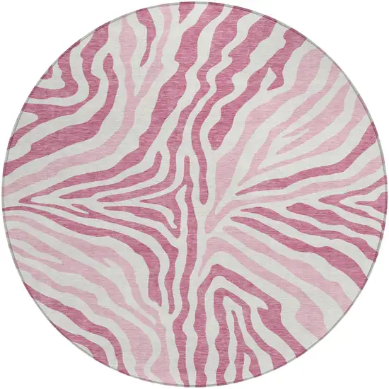 8' Pink And Ivory Round Zebra Print Washable Indoor Outdoor Area Rug Photo 5