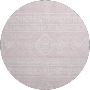 Photo of 8' Pink And Ivory Southwestern Washable Round Rug With UV Protection