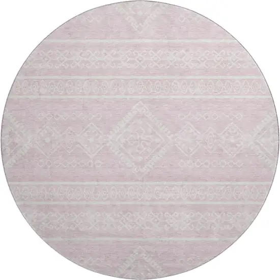 8' Pink And Ivory Southwestern Washable Round Rug With UV Protection Photo 1