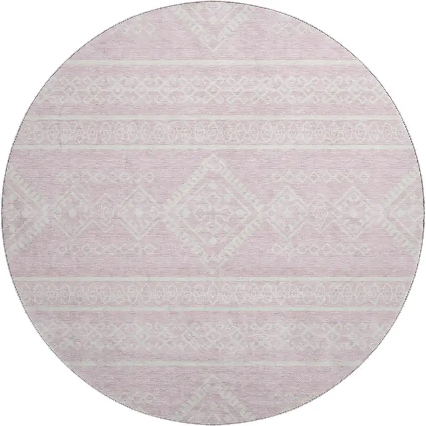8' Pink And Ivory Southwestern Washable Round Rug With UV Protection Photo 1
