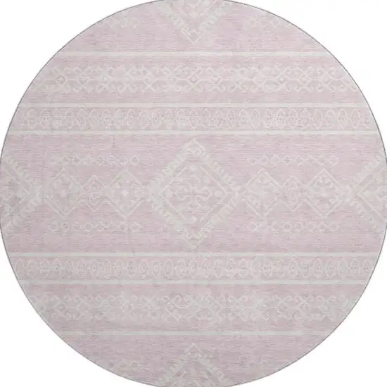 8' Pink And Ivory Southwestern Washable Round Rug With UV Protection Photo 3