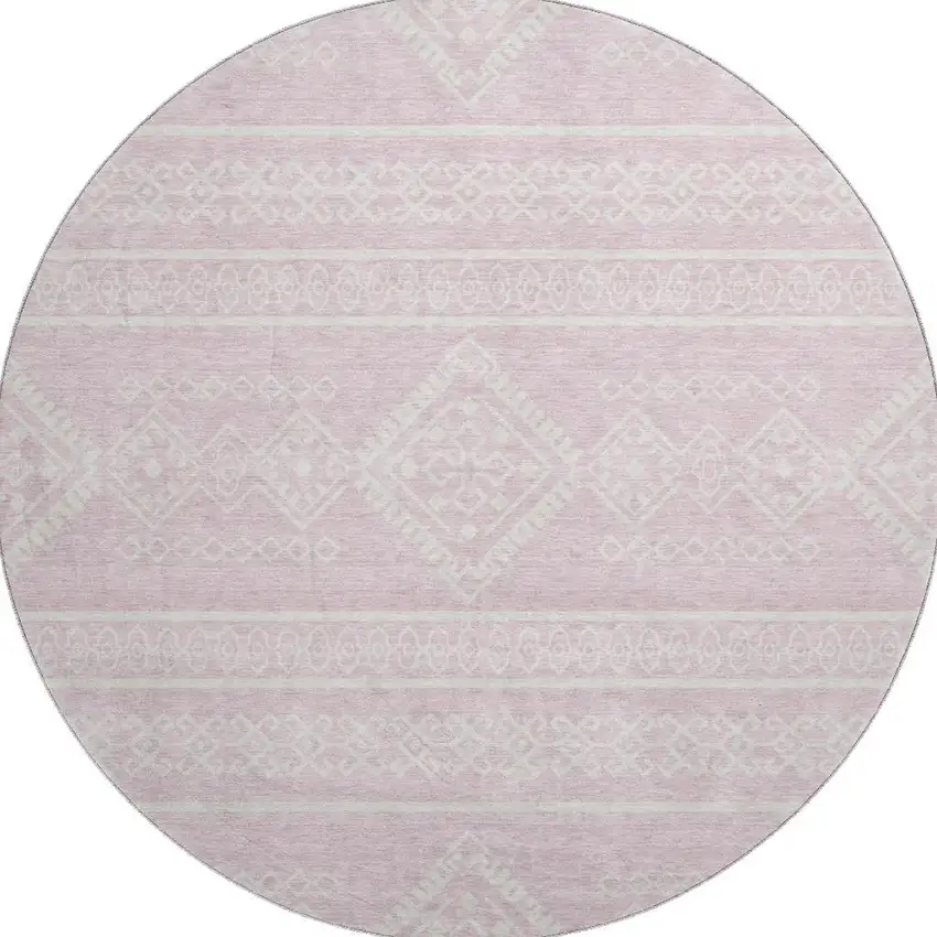 8' Pink And Ivory Southwestern Washable Round Rug With UV Protection Photo 3