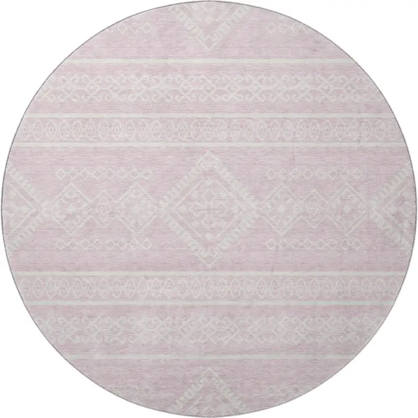 8' Pink And Ivory Southwestern Washable Round Rug With UV Protection Photo 4