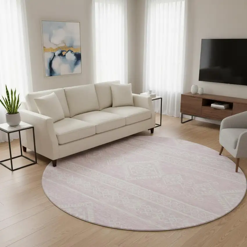 8' Pink And Ivory Southwestern Washable Round Rug With UV Protection Photo 2