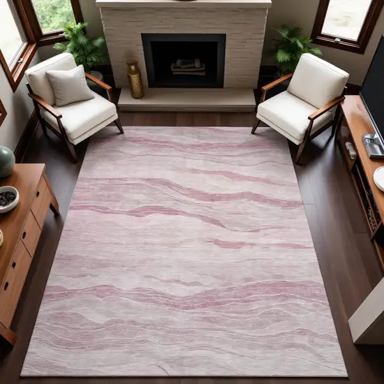 8' Pink And Ivory Striped Washable Area Rug With UV Protection Photo 4