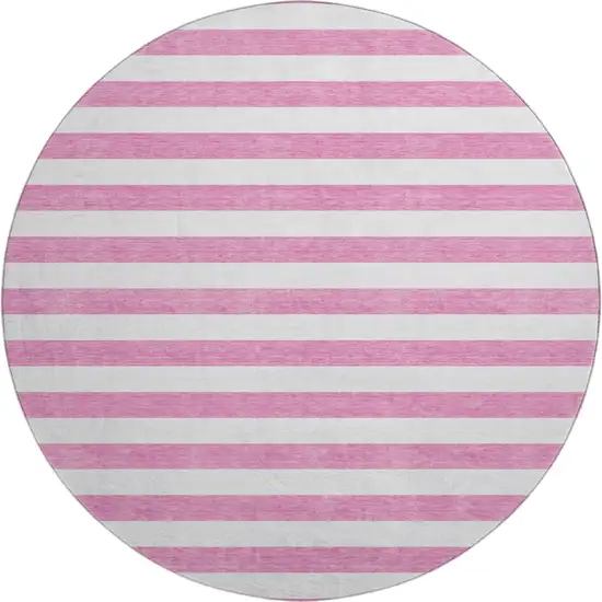 8' Pink And Ivory Striped Washable Round Rug With UV Protection Photo 1