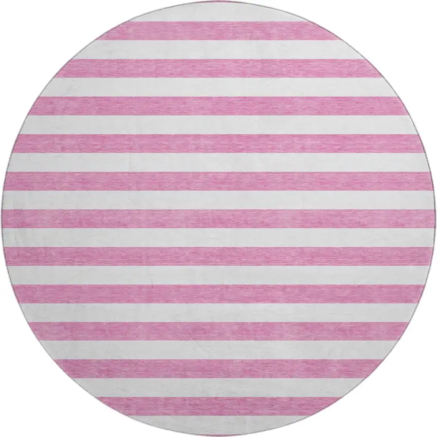 8' Pink And Ivory Striped Washable Round Rug With UV Protection Photo 1