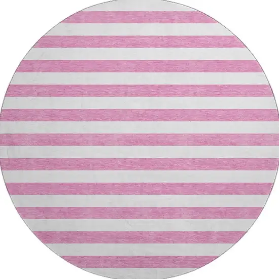 8' Pink And Ivory Striped Washable Round Rug With UV Protection Photo 3