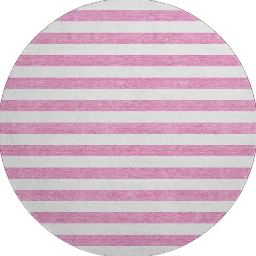 8' Pink And Ivory Striped Washable Round Rug With UV Protection Photo 3