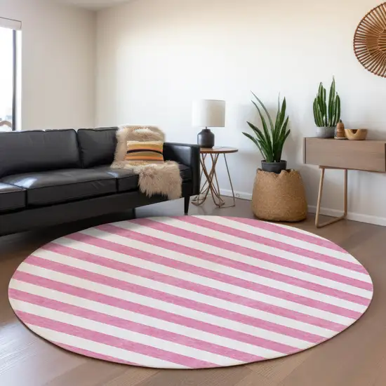 8' Pink And Ivory Striped Washable Round Rug With UV Protection Photo 5