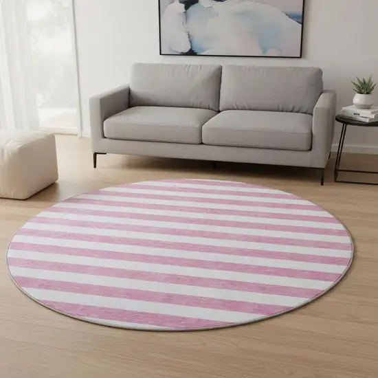 8' Pink And Ivory Striped Washable Round Rug With UV Protection Photo 2