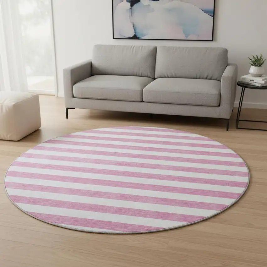 8' Pink And Ivory Striped Washable Round Rug With UV Protection Photo 2
