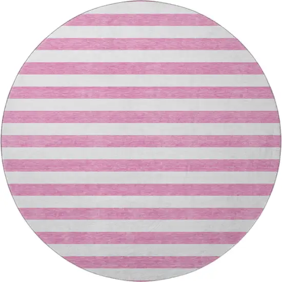 8' Pink And Ivory Striped Washable Round Rug With UV Protection Photo 4