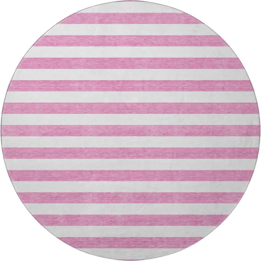 8' Pink And Ivory Striped Washable Round Rug With UV Protection Photo 4