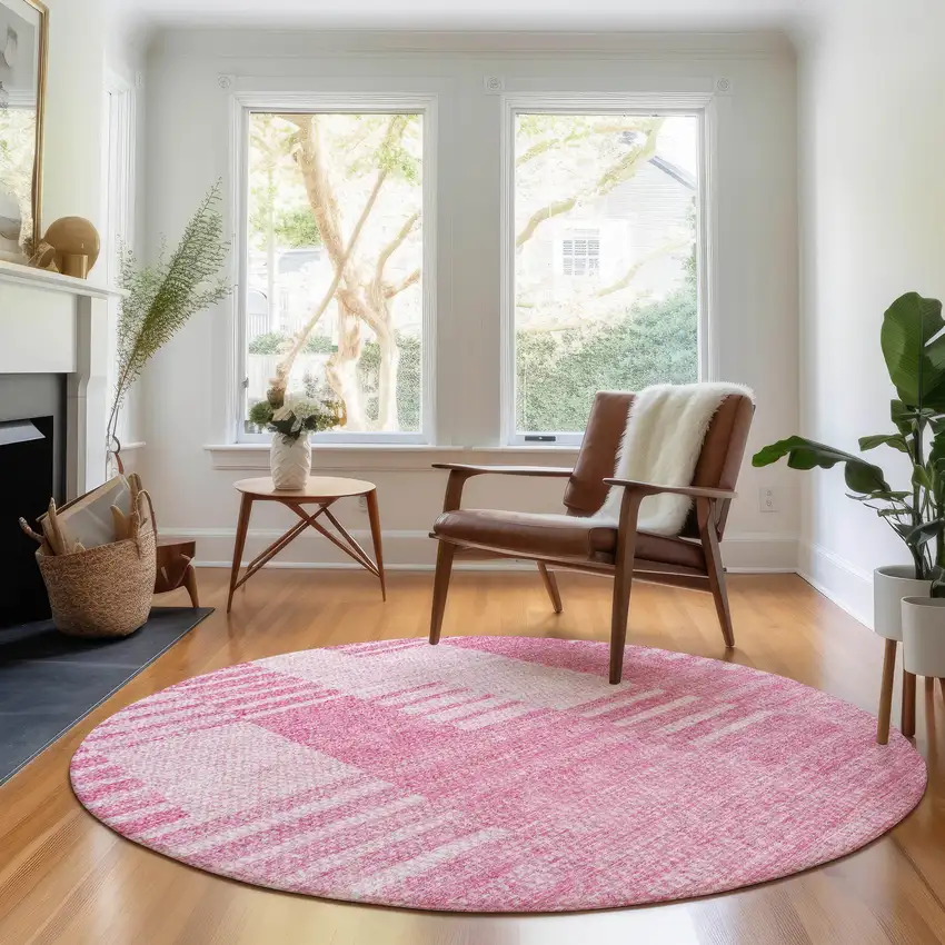 8' Pink And Ivory Striped Washable Round Rug With UV Protection Photo 4