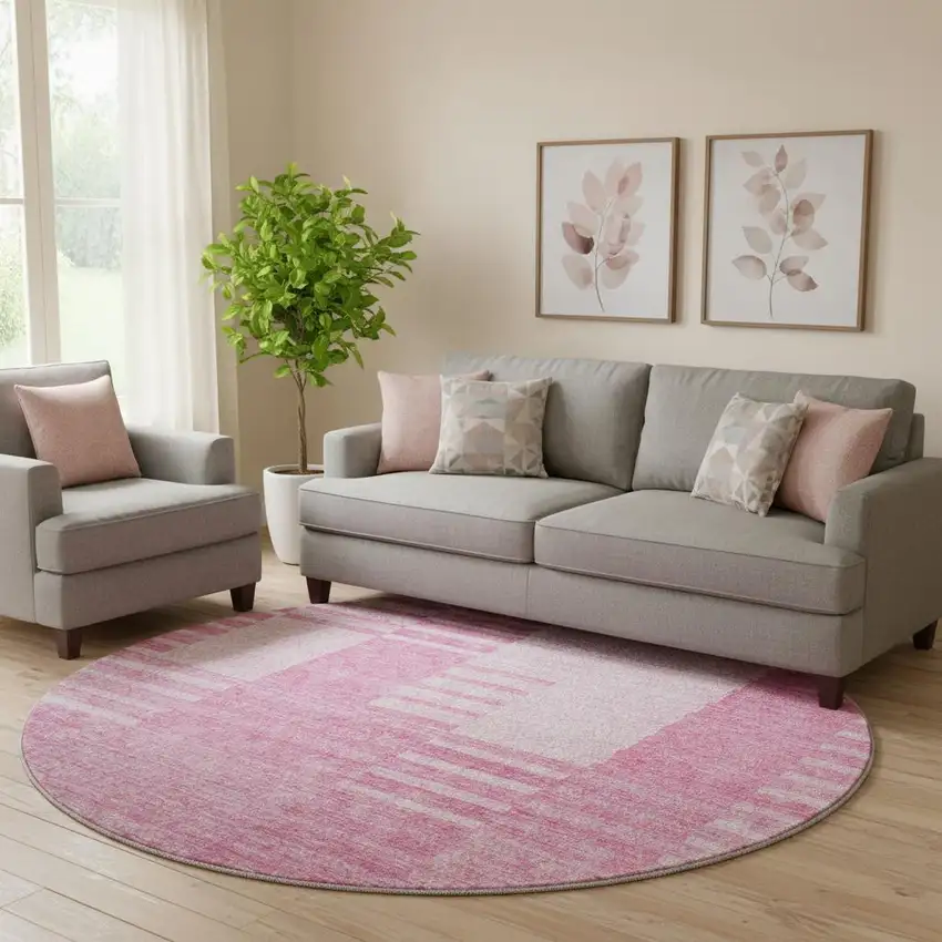 8' Pink And Ivory Striped Washable Round Rug With UV Protection Photo 1