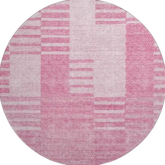 8' Pink And Ivory Striped Washable Round Rug With UV Protection Photo 2