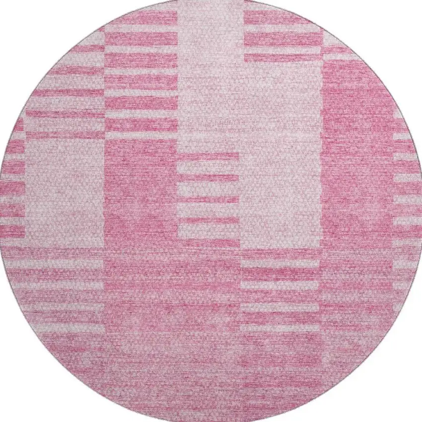 8' Pink And Ivory Striped Washable Round Rug With UV Protection Photo 2