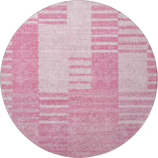 8' Pink And Ivory Striped Washable Round Rug With UV Protection Photo 3