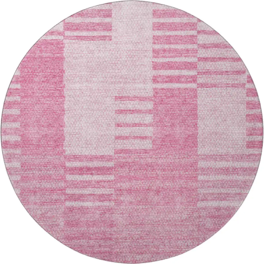 8' Pink And Ivory Striped Washable Round Rug With UV Protection Photo 3