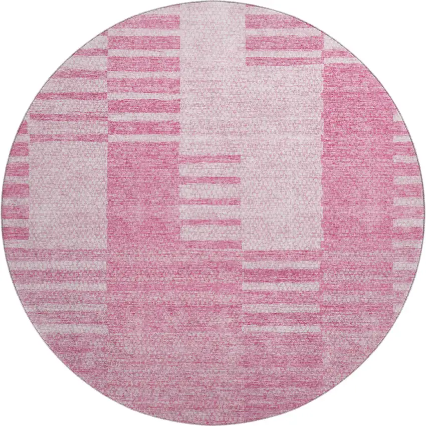 8' Pink And Ivory Striped Washable Round Rug With UV Protection Photo 1
