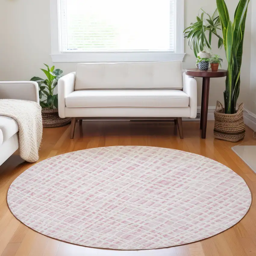 8' Pink And Ivory Striped Washable Round Rug With UV Protection Photo 5