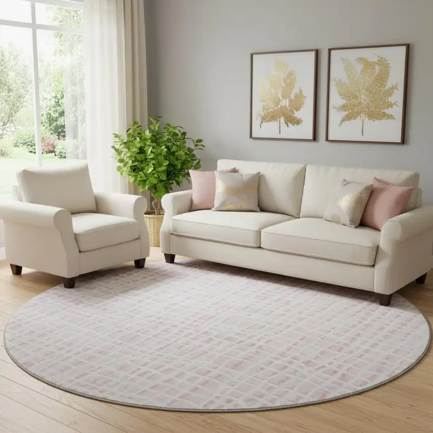 8' Pink And Ivory Striped Washable Round Rug With UV Protection Photo 1