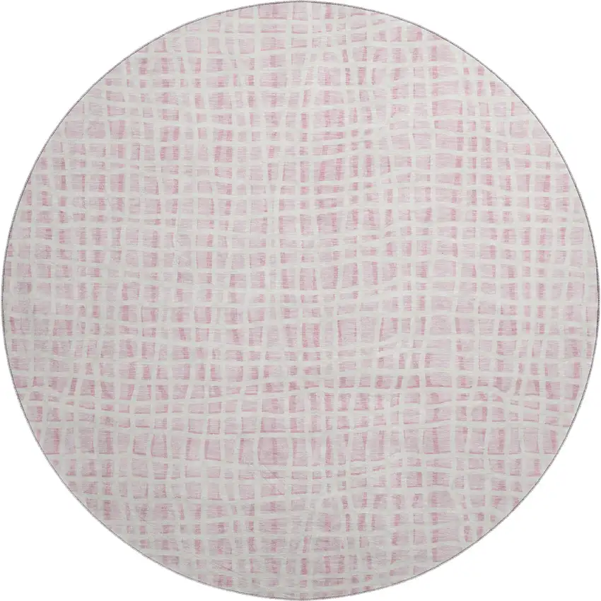 8' Pink And Ivory Striped Washable Round Rug With UV Protection Photo 1