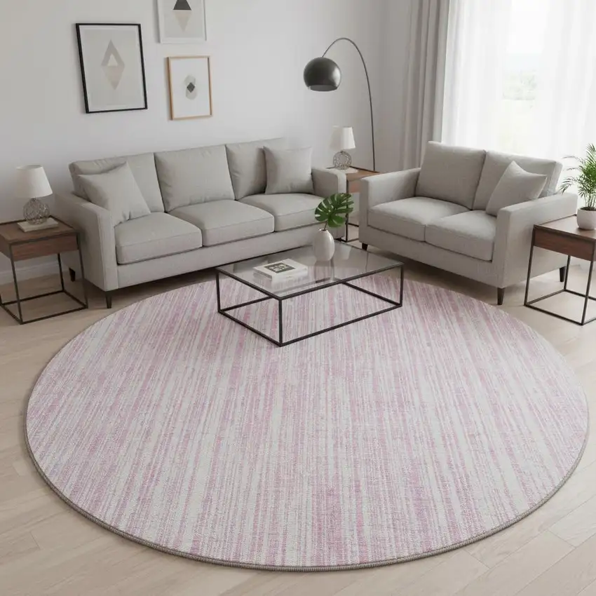 8' Pink And Ivory Striped Washable Round Rug With UV Protection Photo 2