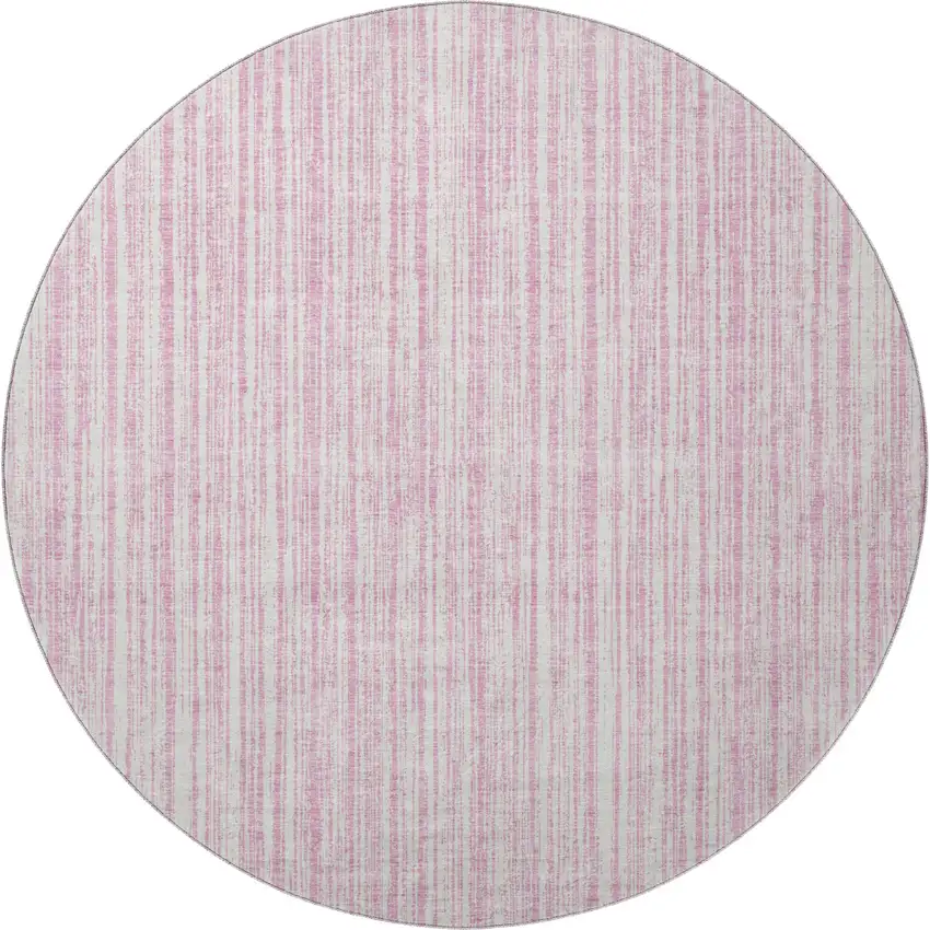 8' Pink And Ivory Striped Washable Round Rug With UV Protection Photo 3