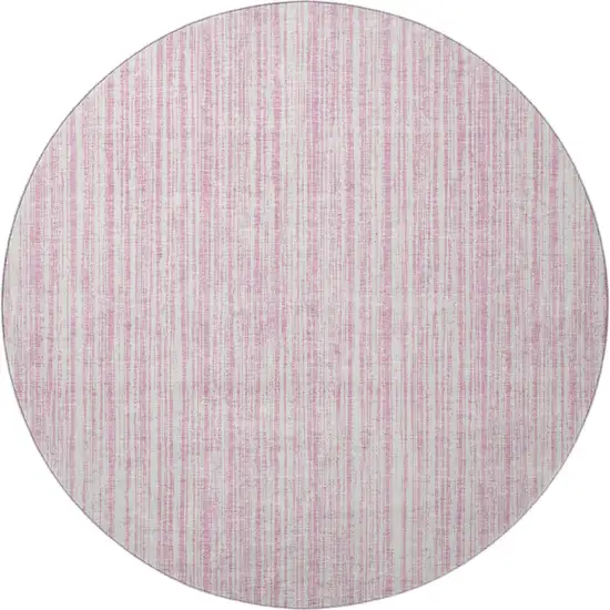8' Pink And Ivory Striped Washable Round Rug With UV Protection Photo 3