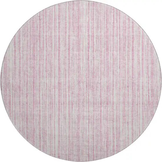 8' Pink And Ivory Striped Washable Round Rug With UV Protection Photo 1