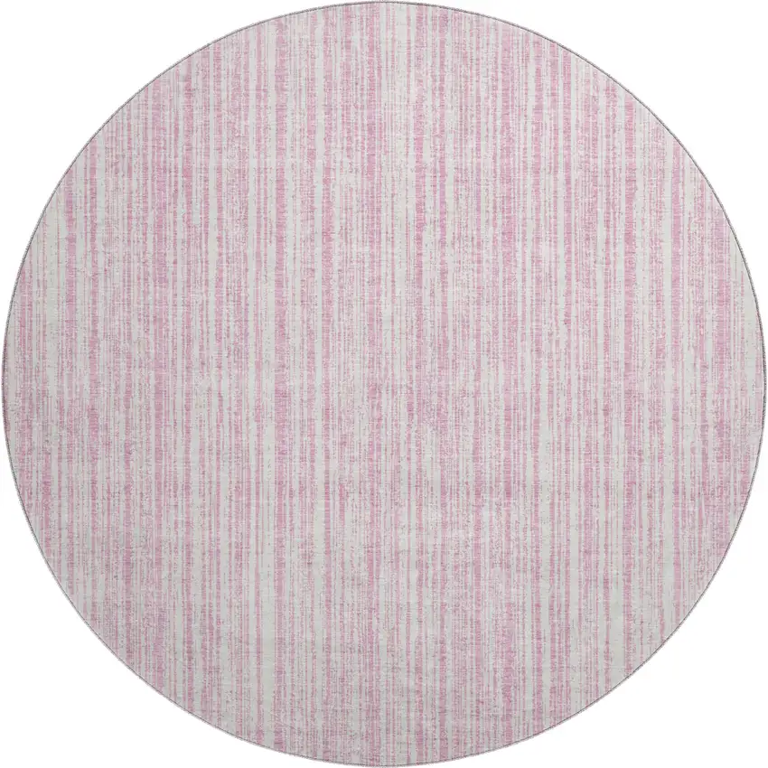 8' Pink And Ivory Striped Washable Round Rug With UV Protection Photo 1
