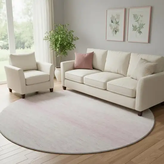 8' Pink And Ivory Striped Washable Round Rug With UV Protection Photo 1