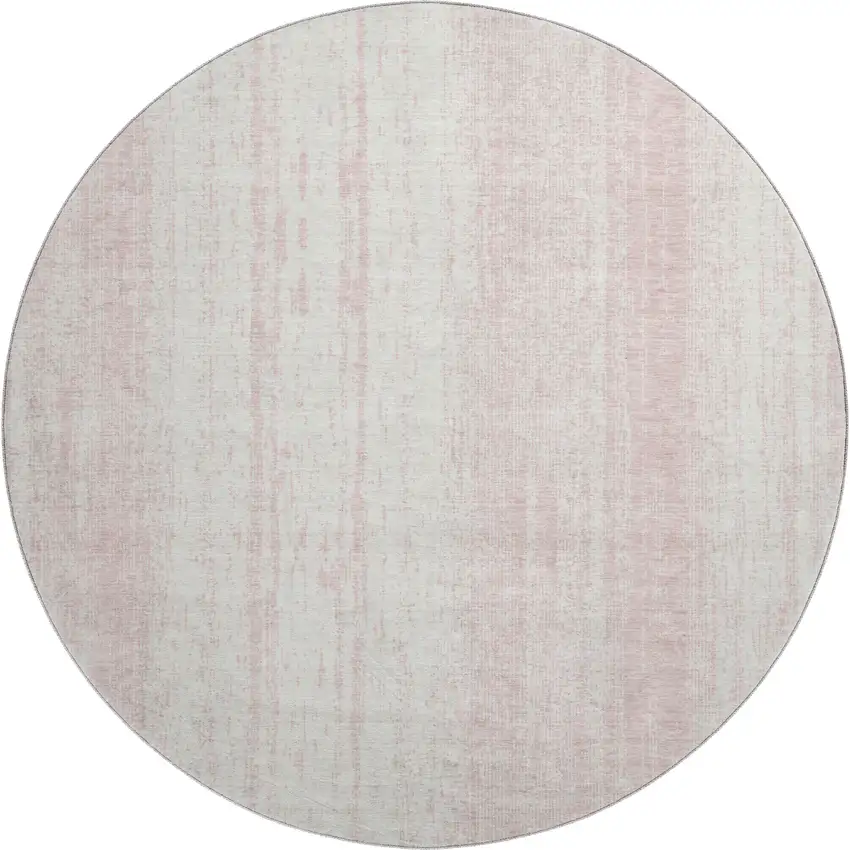 8' Pink And Ivory Striped Washable Round Rug With UV Protection Photo 1