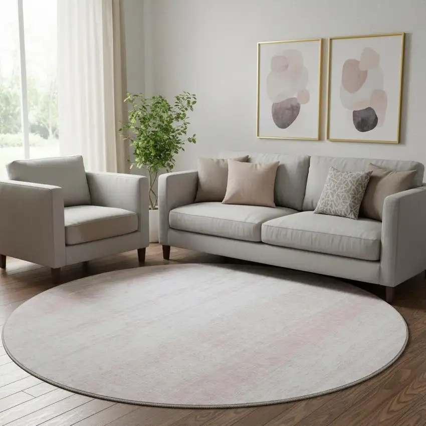 8' Pink And Ivory Striped Washable Round Rug With UV Protection Photo 1