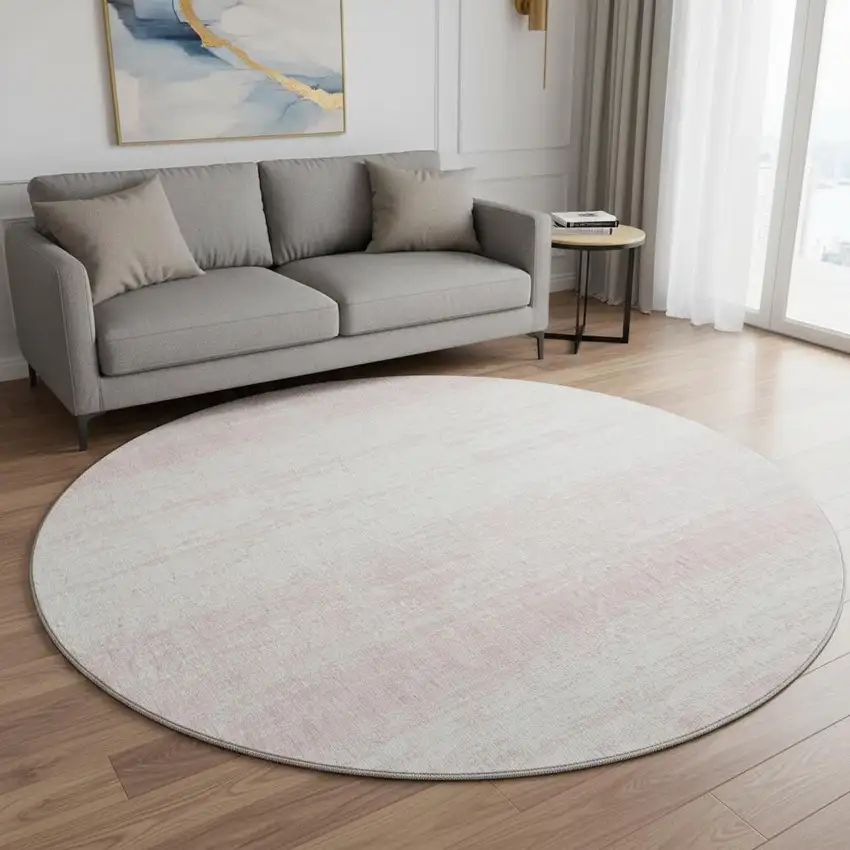 8' Pink And Ivory Striped Washable Round Rug With UV Protection Photo 2