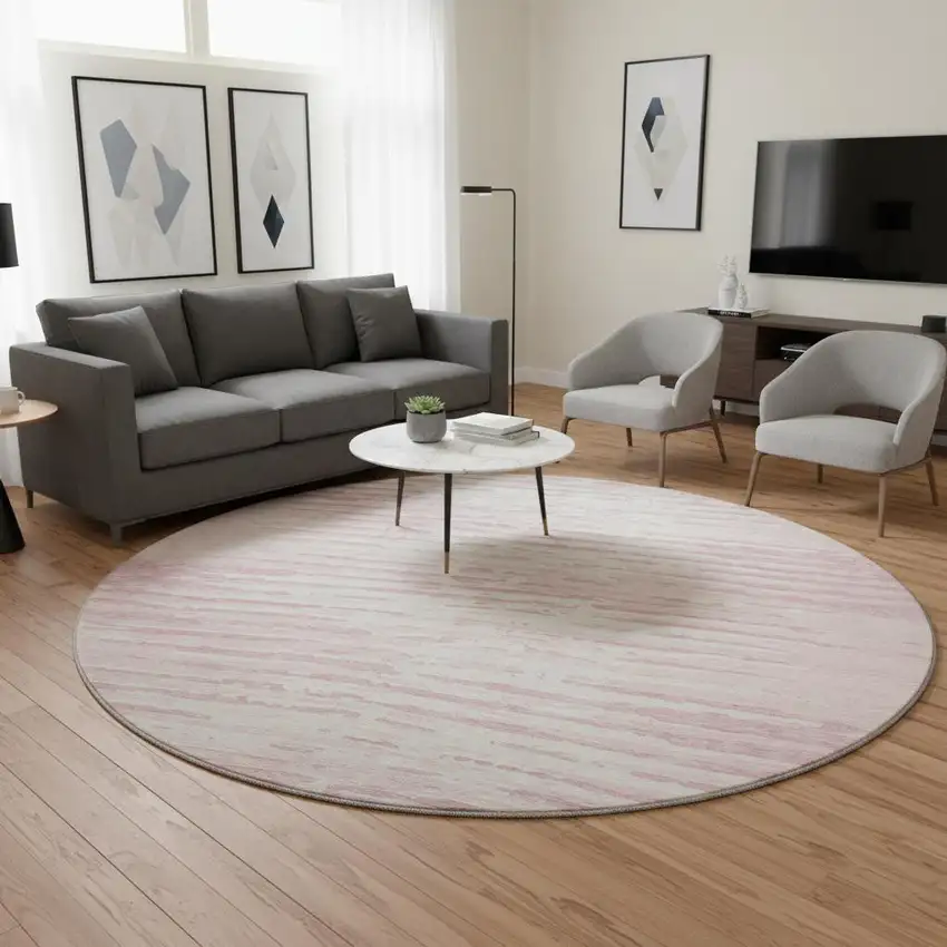 8' Pink And Ivory Striped Washable Round Rug With UV Protection Photo 2