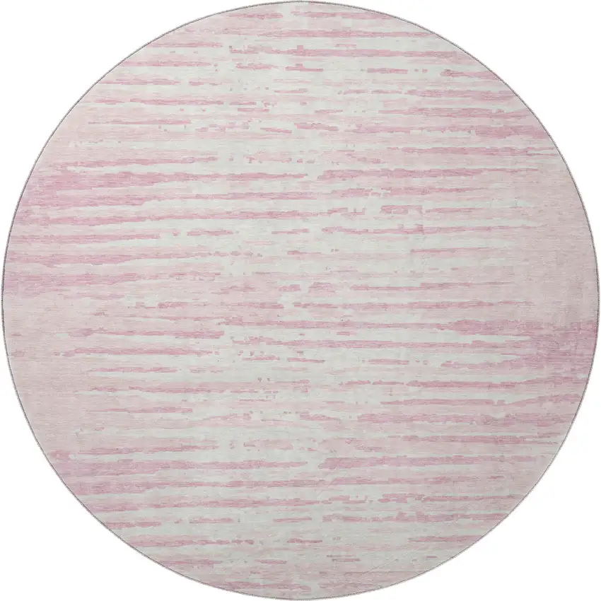 8' Pink And Ivory Striped Washable Round Rug With UV Protection Photo 4