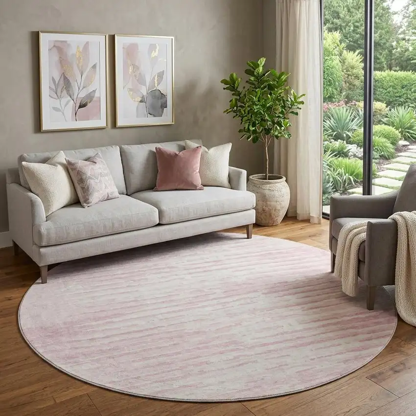 8' Pink And Ivory Striped Washable Round Rug With UV Protection Photo 1