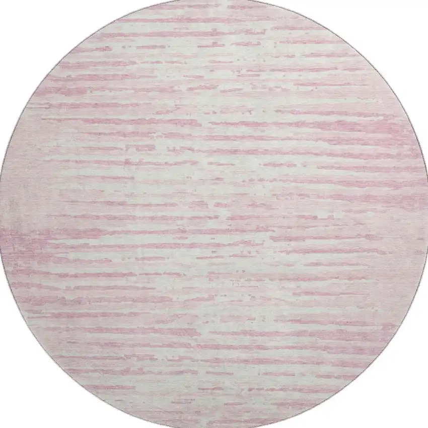 8' Pink And Ivory Striped Washable Round Rug With UV Protection Photo 3