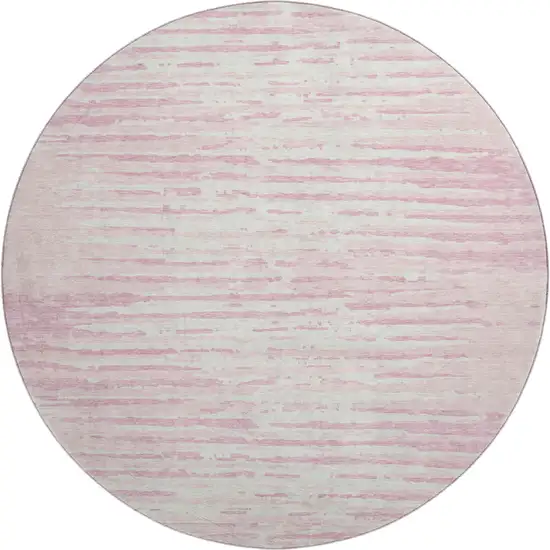 8' Pink And Ivory Striped Washable Round Rug With UV Protection Photo 1