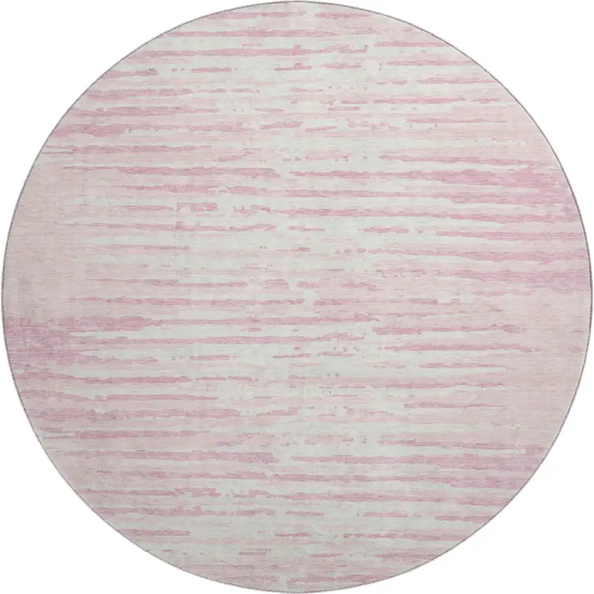 8' Pink And Ivory Striped Washable Round Rug With UV Protection Photo 1