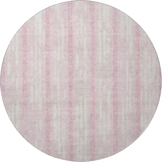 8' Pink And Ivory Striped Washable Round Rug With UV Protection Photo 3